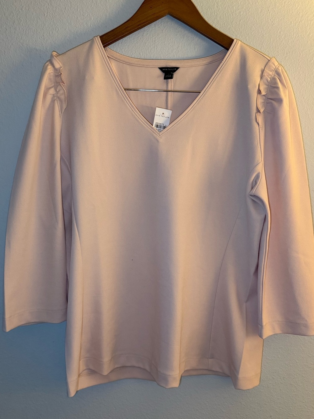 Ann Taylor Blush Pink V-Neck Long Sleeve Top with Subtle Puff Shoulders